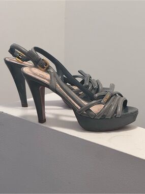 Prada Baby Blue/Grey Strappy Platform Slingback Heels with Gold Buckle